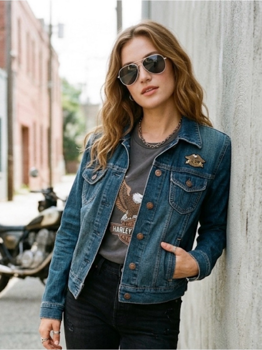 GAP Blue Denim Jacket Medium Harley Davidson HOG Patch Pin Vintage Y2K Biker